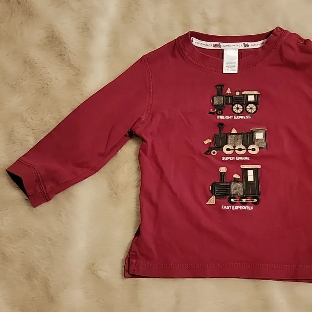 JANIE AND JACK RED LONG-SLEEVE T-SHIRT WITH TRAINS, SIZE 12-18 MONTHS